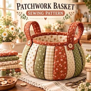 Patron de couture PDF pour panier patchwork matelassé | Panier de rangement en tissu fleuri avec poignées | Panier rustique style citrouille