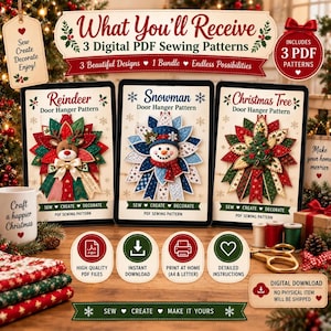 Può includere: Un pacchetto digitale di tre cartamodelli PDF per decorazioni natalizie da porta, con disegni di renna, pupazzo di neve e albero di Natale. Il set include istruzioni per la stampa domestica in formato A4 o lettera per il download immediato.