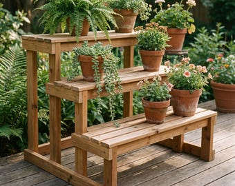 Tiered Plant Stand Build Plan PDF, DIY Cedar 3-Step Plant Riser Woodworking Plans, Outdoor Plant Shelf, Instant Download