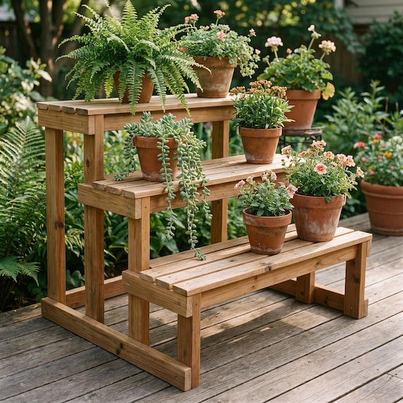 Tiered Plant Stand Build Plan PDF, DIY Cedar 3-Step Plant Riser Woodworking Plans, Outdoor Plant Shelf, Instant Download