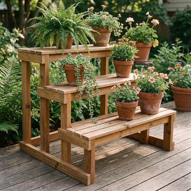 Op de afbeelding: Een houten plantenstandaard met drie niveaus en een natuurlijke afwerking, met diverse terracotta potten gevuld met groene varens, hangende vetplanten en bloeiende planten met roze en oranje bloemen, geplaatst op een houten terras.