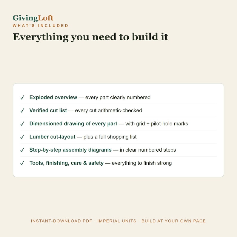Op de afbeelding: Een digitaal document getiteld GivingLoft What's Included: Everything you need to build it. De lijst bevat een explosie-overzicht, een gecontroleerde zaaglijst, maattekeningen, een houtzaagplan, montageschema's en informatie over gereedschap.