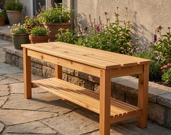 Garden Bench with Shelf Build Plan PDF, DIY Cedar Outdoor Patio Bench Woodworking Plans, Instant Download