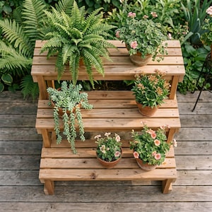 Op de afbeelding: Een houten plantenstandaard met drie niveaus en horizontale latten, met zes potplanten. De bovenste plank bevat een grote groene varen en een roze bloeiende plant. De middelste plank bevat een hangende vetplant en een groene plant. De onderste plank heeft twee kleine potten met roze bloemen.