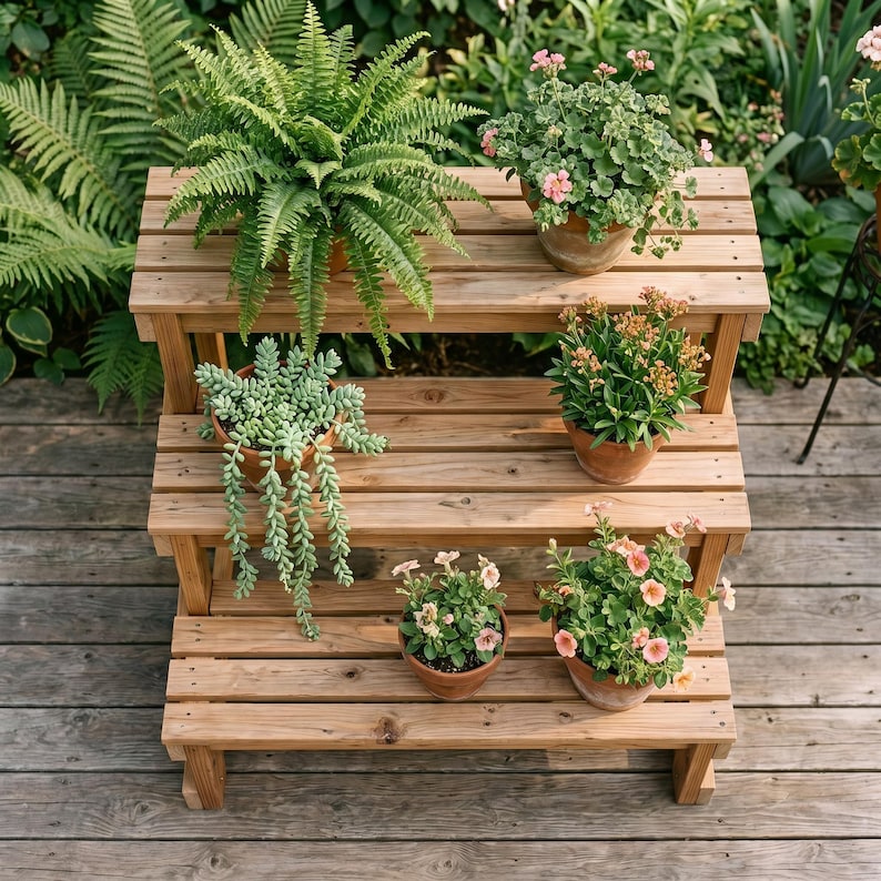 Op de afbeelding: Een houten plantenstandaard met drie niveaus en horizontale latten, met zes potplanten. De bovenste plank bevat een grote groene varen en een roze bloeiende plant. De middelste plank bevat een hangende vetplant en een groene plant. De onderste plank heeft twee kleine potten met roze bloemen.
