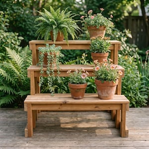 Op de afbeelding: Een houten plantenstandaard met drie niveaus en een natuurlijke bruine afwerking. De standaard bevat zes terracotta potten met diverse groene varens, hangende vetplanten en kleine bloeiende planten met roze en oranje bloesems.