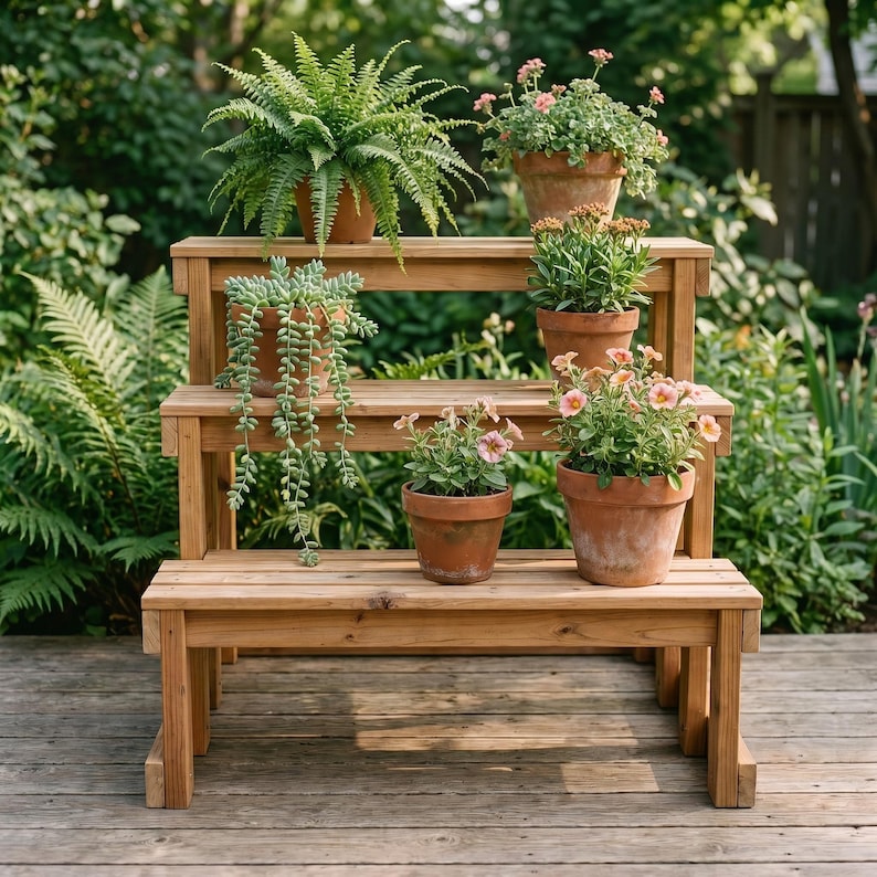 Op de afbeelding: Een houten plantenstandaard met drie niveaus en een natuurlijke bruine afwerking. De standaard bevat zes terracotta potten met diverse groene varens, hangende vetplanten en kleine bloeiende planten met roze en oranje bloesems.