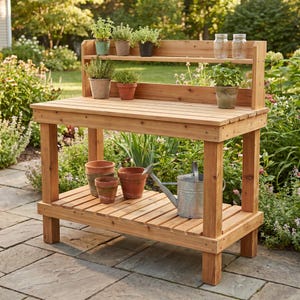 May include: A light brown wooden potting bench with a slatted work surface and a lower shelf. The bench features a top shelf holding three small potted plants and two glass jars. Below, three terracotta pots and a galvanized metal watering can sit.
