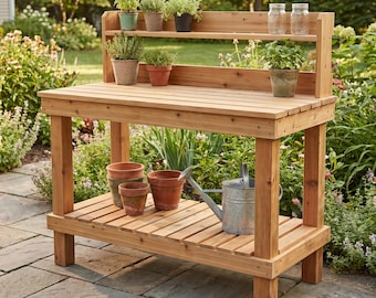 Bouwplan voor een plantentafel (PDF), doe-het-zelf cederhouten plantentafel met twee niveaus, houtbewerkingsplannen, tuintafel met plank, direct te downloaden