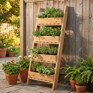 Peut inclure: Une jardinière échelle en bois verticale dotée de quatre étagères rectangulaires superposées. Chaque étagère contient diverses herbes vertes et de petites fleurs blanches. La structure en bois clair s'appuie contre une clôture en bois.