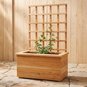 May include: A rectangular wooden planter box with a tall, integrated grid-style trellis attached to the back. The structure is made of light brown cedar planks, featuring a horizontal slat design on the base and a vertical climbing plant inside.