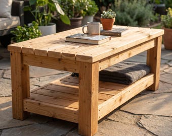 Outdoor Coffee Table Plan PDF, DIY 2x4 Cedar Patio Coffee Table Woodworking Plans, Lower Shelf, Instant Download