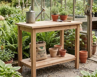 Tuinwerktafel bouwplan pdf, DIY cederhouten oppottafel houtbewerkingsplannen, buitenwerkbank met plank, direct downloaden