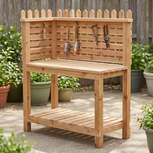 Pode incluir: Uma bancada de jardim em madeira castanho-clara com uma superfície de trabalho de ripas, uma prateleira de arrumação inferior e um painel traseiro com uma vedação no topo. Quatro ferramentas de jardim em metal estão penduradas em ganchos.