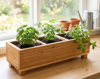 Plano de construcción de jardinera de hierbas de interior en PDF, planos de carpintería para jardín de hierbas de alféizar de ventana de madera, jardinera de 3 compartimentos, descarga instantánea.