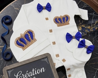 Custom Baby Boy Coming Home Outfit - Personalized Royal Crown Romper Set with Hat and Mittens - 100% Soft Cotton New Baby Gift