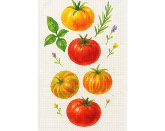 Summer Harvest Tomatoes Tea Towel 18x30 Watercolor Heirloom Tomatoes Basil Rosemary