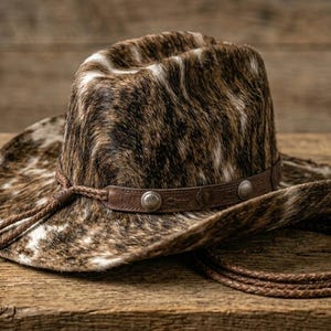 Rustic Brindle Cowhide Western Cowboy Hat with Leather Braided Chin Strap