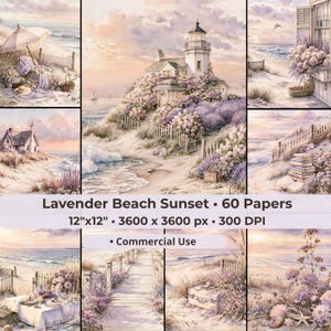May include: A digital collection titled Lavender Beach Sunset featuring 60 papers, 12 inches by 12 inches, 3600 by 3600 pixels, 300 DPI, and commercial use. The imagery displays coastal scenes with lighthouses, beaches, and lavender flowers.