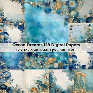 Ocean Dreams Watercolor Digital Paper Bundle, Sea Junk Journal Kit, Coastal Scrapbook Backgrounds, Vintage Ocean Ephemera, Digital Download