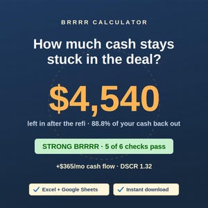BRRRR Calculator Spreadsheet, Real Estate Deal Analyzer for Rental Property, Buy Rehab Rent Refinance Repeat, Excel & Google Sheets