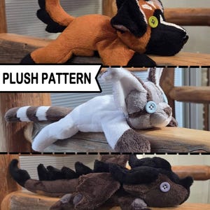 May include: Three plush toys with button eyes, labelled PLUSH PATTERN. The top is orange and black, the middle is white and grey with a striped tail, and the bottom is dark brown with black spikes along the back. All are in a prone position.