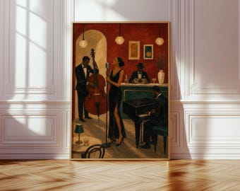 Puede incluir: Una lámina de arte enmarcada que representa a una banda de jazz en una habitación de paredes rojas. Una cantante con vestido negro está ante un micrófono, acompañada por un contrabajista en esmoquin, un pianista y un camarero tras una barra verde.