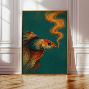 Smoking Betta Fish Poster, Emerald Aquatic Portrait Wall Art, Surreal Orange Smoke Print