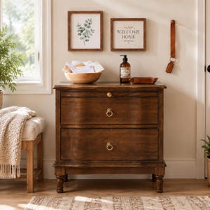 Solid Wood End Table with Charging Station 2 Drawer Nightstand Pull Out Shelf