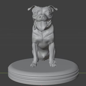 May include: A monochromatic gray 3D digital model of a dog sitting in an upright position. The canine figure features a wide head, pointed ears, and an open mouth with a visible tongue hanging out. The entire sculpture rests on a circular base.