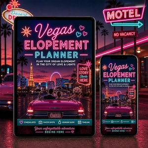 May include: A digital tablet and smartphone displaying a Vegas Elopement Planner cover featuring a pink convertible car, a Las Vegas skyline at night, and neon text that reads Vegas Elopement Planner, Plan Your Dream Elopement, and Love Story Starts Here.