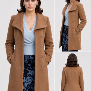 May include: A camel-coloured wool-blend coat featuring a wide notched lapel, a double-breasted button closure with four visible buttons, long sleeves, and two side pockets. The coat is shown from the front, side, and back views.
