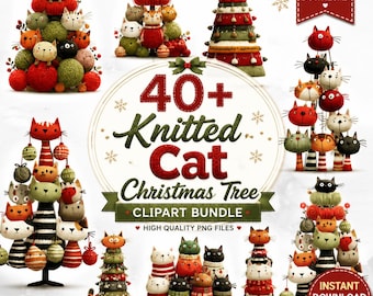 May include: A digital clipart bundle featuring 40+ illustrations of Christmas trees constructed from stacked knitted cat heads and yarn balls in red, green, and white. The central text reads 40+ Knitted Cat Christmas Tree CLIPART BUNDLE.