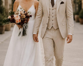 Traje de tres piezas de lino beige para hombre - Traje a medida - Traje para padrinos de boda - Traje de boda