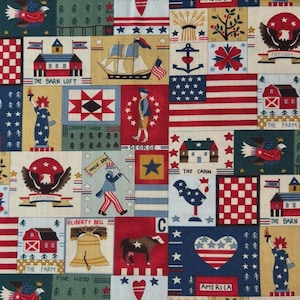 May include: A fabric print featuring a patchwork design of patriotic American motifs including the Statue of Liberty, the Liberty Bell, Uncle Sam, bald eagles, barns, ships, and the American flag, with text labels like America, Freedom, and The Barn Loft.