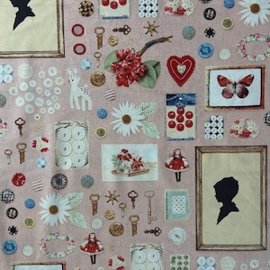 May include: A light pink fabric featuring a collage of vintage-style illustrations including silhouette portraits in frames, butterfly prints, red berry clusters, white daisies, antique keys, and various sewing buttons on cards.