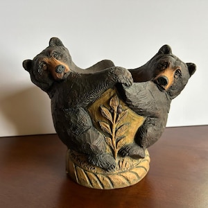 Vintage 2002 Telle M Stein The Bear Minuet Planter Bowl | Signed Stone Bunny Black Bears Resin Sculpture | Rustic Cabin Woodland Decor