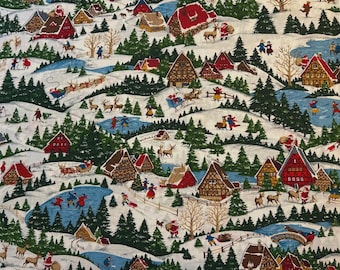 Puede incluir: Un estampado de tela que muestra una escena de pueblo invernal con colinas nevadas, árboles de hoja perenne y casas de tejados rojos. El patrón incluye ilustraciones de Papá Noel, renos, personas patinando sobre hielo y trineos.