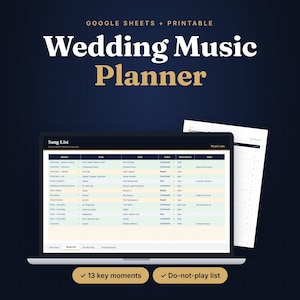 May include: A digital wedding music planner displayed on a laptop screen and a printed sheet. The interface features a song list table with columns for moment, song, artist, status, requested by, and notes. Text includes Wedding Music Planner.
