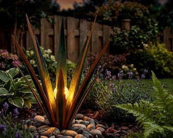 Metal Agave Solar Garden Light | Multi-Color Yard Decor | Rustic Outdoor Sculpture