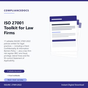 ISO 27001 Toolkit for Law Firms, Editable ISMS Policies, Risk Register (Instant Download)