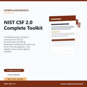Kompletny zestaw narzędzi NIST CSF 2.0, edytowalne zasady cyberbezpieczeństwa, skoroszyt profilowania i oceny, rejestr ryzyka, natychmiastowe pobieranie