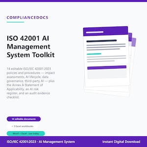 ISO 42001ツールキット、編集可能なAI管理システムポリシー、適用範囲に関する声明およびAIリスク登録簿、コンプライアンスダウンロード