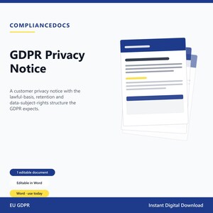 May include: A digital document template titled GDPR Privacy Notice by COMPLIANCEDOCS. The white page features blue headers, text lines, and a yellow highlight. Below are three buttons labeled 1 editable document, Editable in Word, and Word - use today.