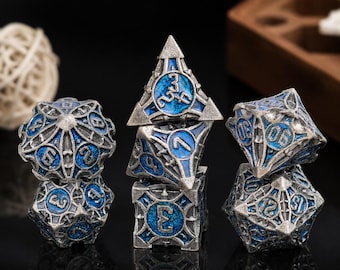 Solid Metal Dice Set – Gunmetal Blue Storm TTRPG DND RPG Accessories