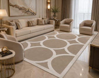 Tappeto in lana e viscosa trapuntato a mano, moderno tappeto di lusso con motivi geometrici a cerchi beige e avorio, tappeto contemporaneo per soggiorno, dimensioni personalizzate.