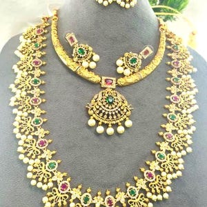 Gold Plated Temple Necklace Set with Choker and Long Haram Ruby Emerald Pearl South Indian Bridal Jewelry Combo with Earrings Gift For Her
