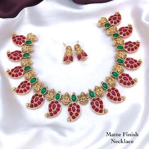 Gold Plated Lakshmi Necklace Set Ruby Green Kemp Stone Temple Bridal Jewelry
