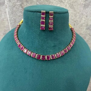 Ruby Tennis Necklace Earrings Set, Gold Plated CZ Bridal Jewelry