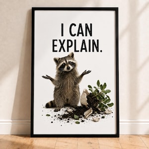 Funny Raccoon Wall Art, I Can Explain Print, Cute Animal Pun Poster, Mischief Humor Decor